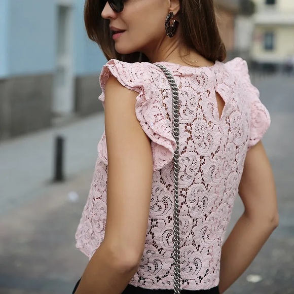 Zara Guipure ruffled pink lace lace crop top - Picture 3 of 7